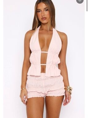 White Fox Boutique Blush Pink Halter Ruffled Shorts Romper